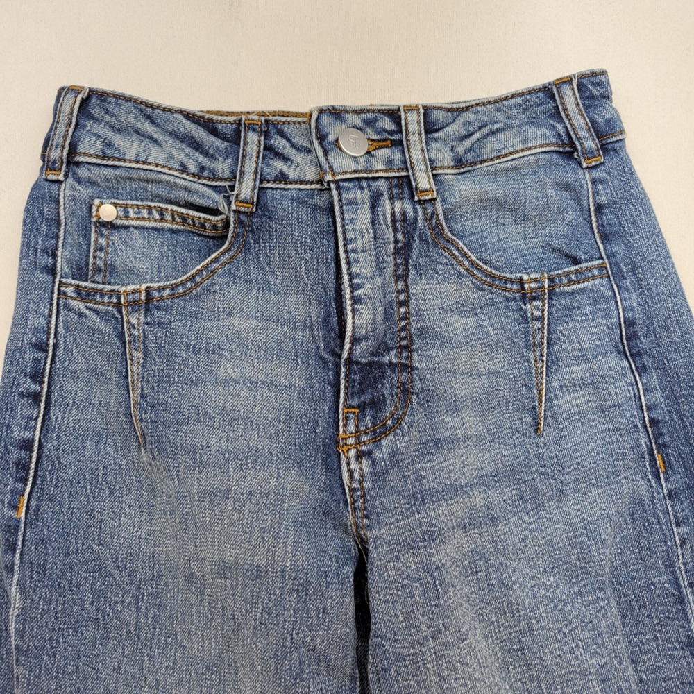 Pilcro Super Wide Leg Jeans Womens 24 Blue Patchwork High Rise Frayed Hem - Picture 2 of 12